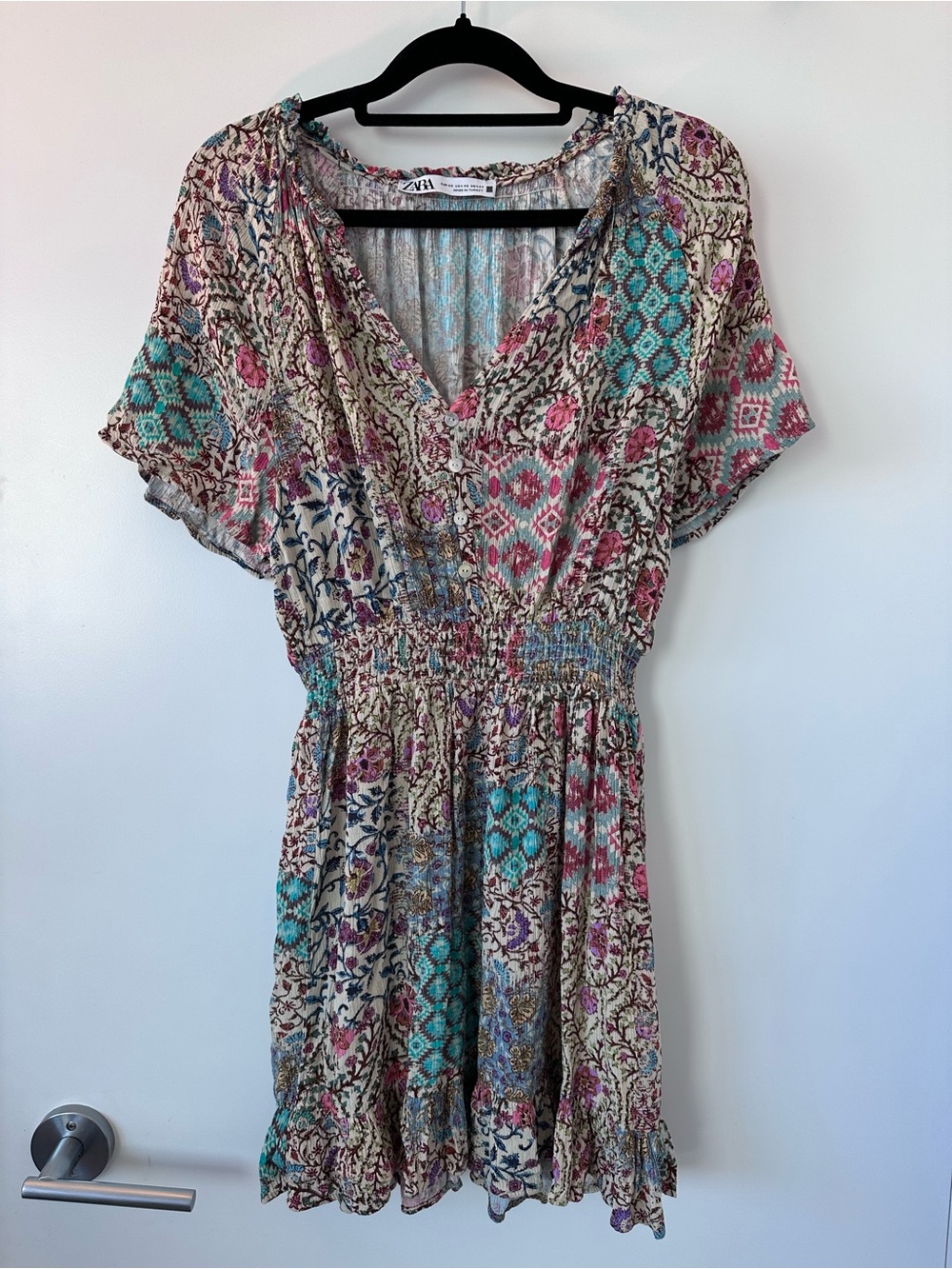 Zara Patchwork Floral Short Dress in Teal, Pink & Cream
